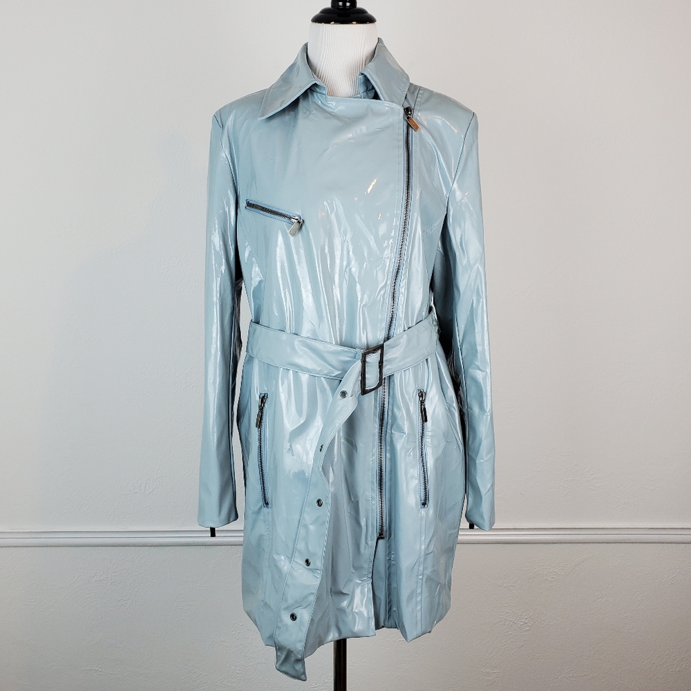 Pamela McCoy Jacket Coat Faux Patent Leather Belted Ice Blue Asymmetrical Moto